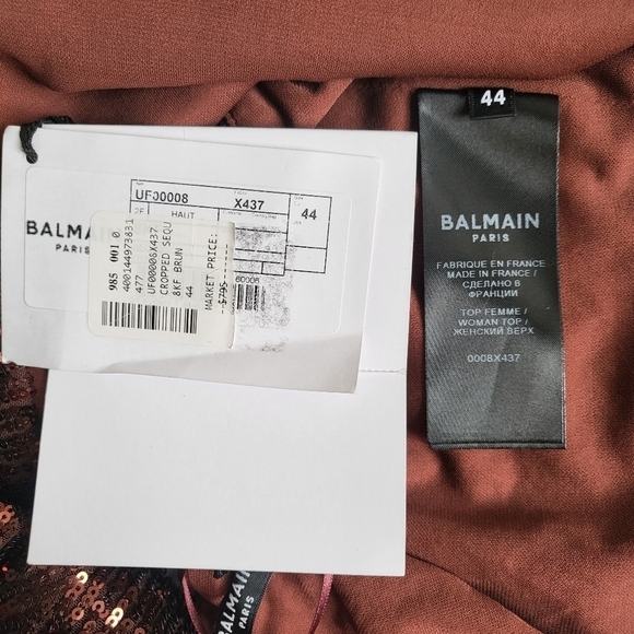 New Balmain Sequin Square Neckline Twisted Strap Brown Cropped Tank Top 12 US - Picture 14 of 17